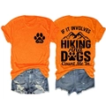 Detail view of orange hiking t-shirt with dog mountain print and denim shorts - Orange (Black Print)