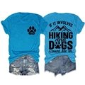 Front and back view of blue heather hiking and dog print t-shirt with denim shorts - Lake Blue (Black Print)