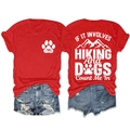Red hiking t-shirt with dog paw print text and blue denim shorts front and back view - Red (White Print)