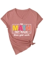 Detail of V-neck T-shirt with Do Math Not Magic print and stylish side knot at the hem - Rose Gold (White Graphic)