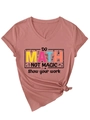 Detail of V-neck T-shirt in dusty rose with Do Math Not Magic graphic and front knot - Rose Gold (Black Graphic)