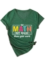 Close-up of V-neck casual t-shirt with math print and front knot detail in dark green - Retro Green (White Graphic)
