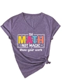 Detail of purple V-neck T-shirt with Do Math Not Magic slogan and knotted hem design - Purple (White Graphic)