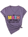Detail of V-neck purple t-shirt featuring 'Do Math Not Magic' graphic with hem knot - Purple (Black Graphic)