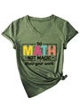 Detail of V-neck dark green T-shirt with math formula print and side-knotted hem design - Olive Green (Black Graphic)