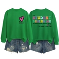 Detaillierte Vorder- und Rückansicht des grünen Sweatshirts mit Schüler-Print und Text - S / Grasgrün/Schwarzer Druck