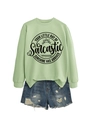Détails du sweat vert clair avec imprimé sunshine et short en jean déchiré - Vert Olive (Police Noire)