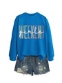Detail of royal blue sweatshirt with 'WEEKEND girls' print and distressed denim shorts - Lake Blue with White Print