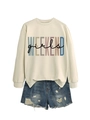 Detail of weekend girls letter print on cream crewneck sweatshirt with colorful stripes - Sand with Black Print