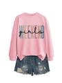 Detail of pink crewneck sweatshirt with Weekend Girls print and denim shorts set - Pink with Black Print