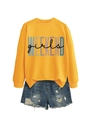 Detail of weekend girls letter print on orange sweatshirt paired with ripped denim shorts - Yellow with Black Print