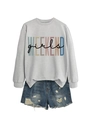 Flat lay of gray long sleeve sweatshirt with rainbow Weekend Girls print and ripped denim shorts - Gray with Black Print