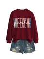 Detail of burgundy sweatshirt with Weekend Girls print and distressed denim shorts - Wine Red with White Print