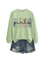 Detail of light green sweatshirt with WEEKEND girls print and frayed denim shorts - Olive Green with Black Print