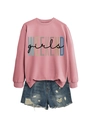 Pink crew neck sweatshirt featuring 'WEEKEND girls' print and frayed denim shorts set - Rose Gold with Black Print