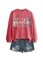 Close-up of WEEKEND girls colorful screen print on heather red crewneck sweatshirt - Red with White Print