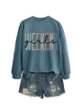 Close-up of Weekend Girls letter print on sweatshirt with distressed denim shorts - Blue with Black Print