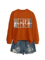 Detail of Weekend Girls orange sweatshirt with printed letters and distressed denim shorts - Burnt Orange with White Print