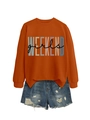 Detail of burnt orange sweatshirt with Weekend Girls print and distressed denim shorts - Burnt Orange with Black Print