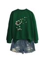 Detail of artistic dandelion book print on dark green long sleeve crewneck sweatshirt - S / Dark Green