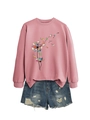 Pink crewneck sweatshirt with dandelion book print paired with distressed denim shorts - S / Rose Gold