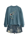 Flat lay of navy sweatshirt with dandelion book print and distressed denim shorts - S / Blue