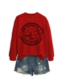 Flat lay of red sweatshirt with What Happens In Book Club print and ripped denim shorts - S / Red (Black Graphics)