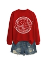 Detail of red sweatshirt featuring 'What Happens In Book Club' slogan and denim shorts - S / Red (White Graphics)