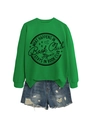 Detail of green crewneck sweatshirt with 'What Happens in Book Club' print and denim shorts - S / Grass Green (Black Letters Graphic)