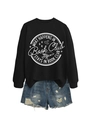 Detailed view of black sweatshirt with white Book Club graphic print and frayed denim shorts - S / Black (White Text)