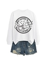 Detail of white crewneck sweatshirt with 'What Happens in Book Club' print and denim shorts - S / White (Black Text)