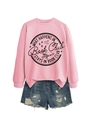 Close-up of pink crewneck sweatshirt with 'What happens in book club' print and denim shorts - S / Pink (Black Text)
