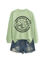 Detail of What Happens in Book Club print on mint green sweatshirt with denim shorts - S / Olive Green (Black Text)