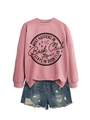Flat lay of pink Book Club crewneck sweatshirt paired with distressed denim shorts - S / Rose Gold (Black Text)