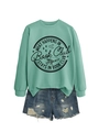 Detail of mint green sweatshirt with Book Club slogan and distressed denim shorts - S / Light Green (Black Graphics)