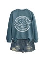 Detail of What Happens in Book Club text print on navy cotton sweatshirt with denim shorts - S / Blue (White Graphics)