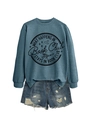 Detail of What happens in book club print on blue-grey sweatshirt and denim shorts set - S / Blue (Black Graphics)