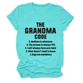 Detail of turquoise cotton T-shirt featuring black screen-printed grandma code quotes - Deep Water Blue (Black Font)