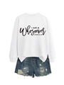Close-up of white crewneck sweatshirt with Whosoever John 3:16 text and ripped denim shorts - S / White (Black Font)