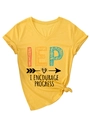 Detail of yellow V-neck T-shirt with I ENCOURAGE PROGRESS print and stylish front hem knot - S / Yellow (Black Print)