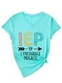 Detail of turquoise V-neck T-shirt featuring IEP I Encourage Progress text and knot hem - S / Deep Water Blue (Black Print)