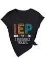 Detail of black V-neck T-shirt with IEP print and stylish front knot at the hem - Black (White Print)