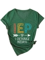 Close-up of heather green V-neck t-shirt with IEP printed text and knotted hem detail - Vintage Green (White Print)