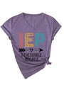 Detail of V-neck heather purple T-shirt with IEP progress print and side knot - Purple (Black Print)