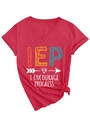 Detail of red V-neck T-shirt with IEP print and stylish side knot on white background - Red (White Print)