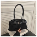 Detail of matte suede tote bag featuring a decorative leather strap with gold buckle - Black