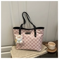 Detail of pink plaid tote bag with fashion label and cute white teddy bear charm - Black (With Pendant)