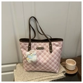 Detail of pink gingham tote bag with brown straps and cute white teddy bear charm - Brown (With Pendant)