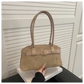 Detailed close-up of khaki suede handbag with leather strap and golden metal buckle - Khaki