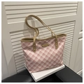Detail of pink plaid tote bag featuring a golden metal nameplate and khaki leather handles - Khaki (Without Charm)